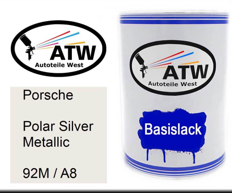 Porsche, Polar Silver Metallic, 92M / A8: 500ml Lackdose, von ATW Autoteile West.